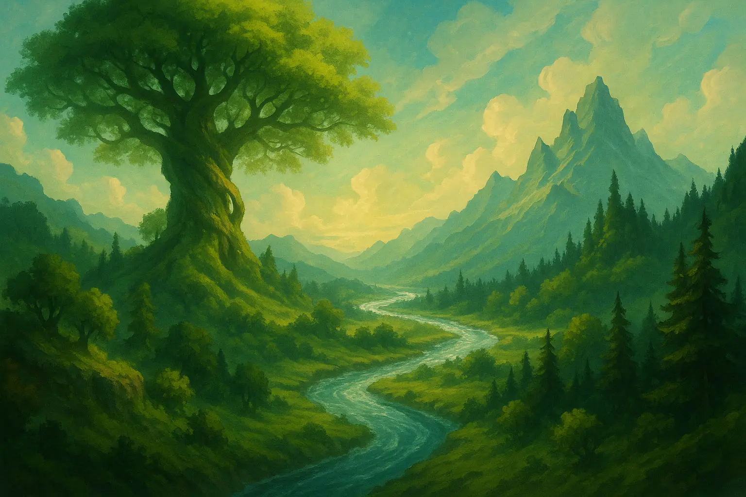 La sagesse millénaire de la nature Forêt fantastique avec arbre monumental et rivière serpentant entre les montagnes