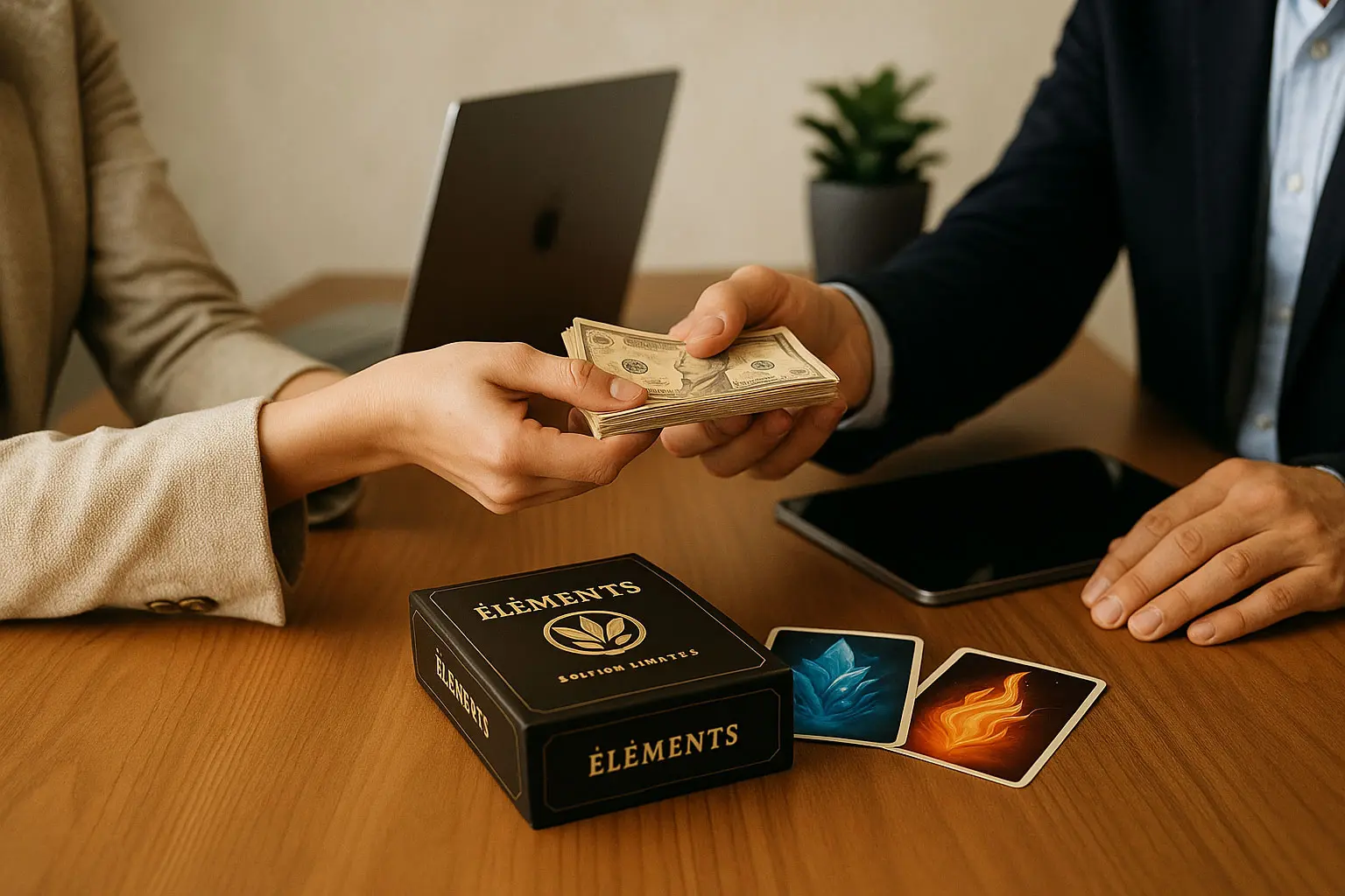 Achat du jeu de cartes ELEMENTS - Version limitée Echange d'argent pour l'achat du jeu de cartes ELEMENTS sur une table de bureau, avec la boite du jeu et trois cartes illustrées visibles