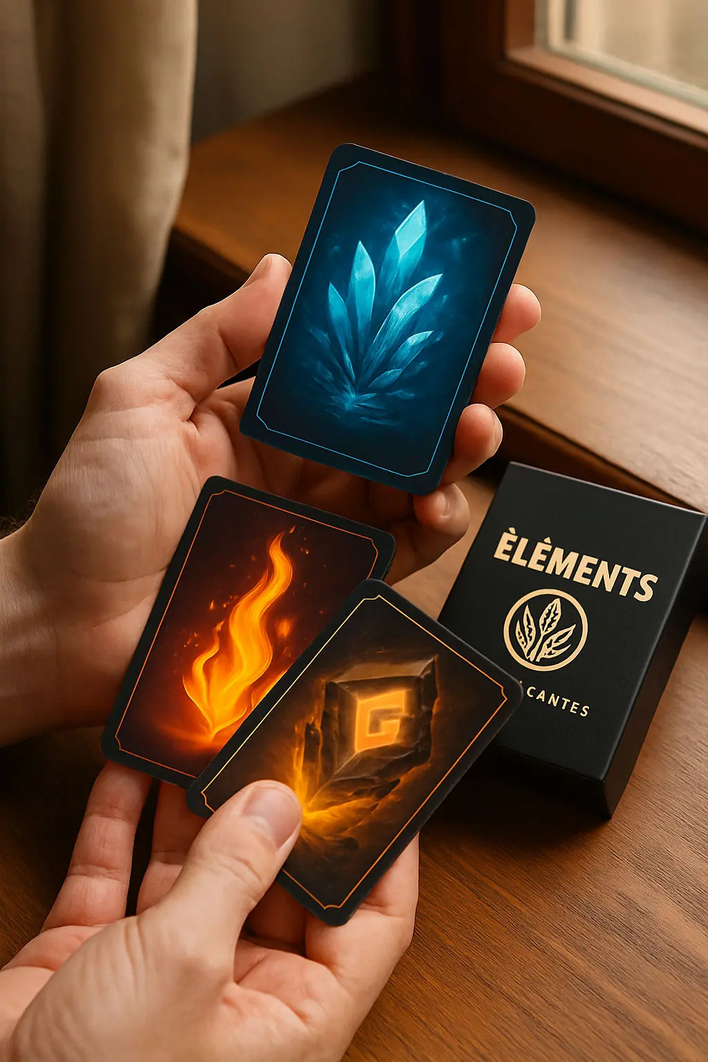 Découvrez les éléments en main - une expérience visuelle intense. Trois cartes du jeu ELEMENTS sont tenues en main, révélant les éléments feu, glace et pierre magique.